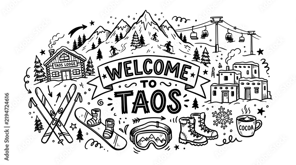 Fototapeta premium Hand Drawn Winter Ski Resort Doodle Illustration