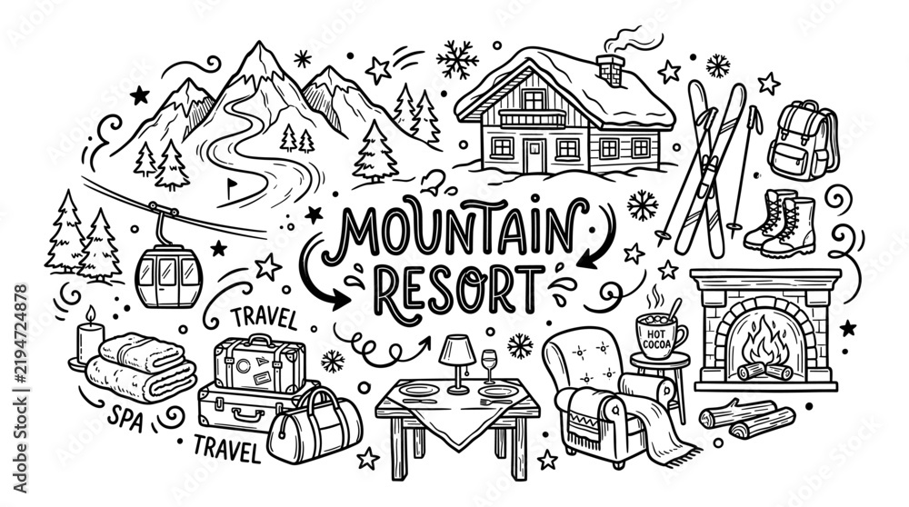Fototapeta premium Hand Drawn Mountain Resort Doodle Illustration