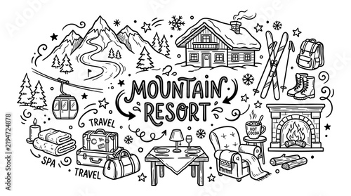 Hand Drawn Mountain Resort Doodle Illustration