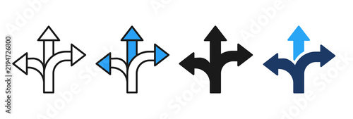 Decision making and alternative direction paths arrow icon set in outline, glyph, and color style