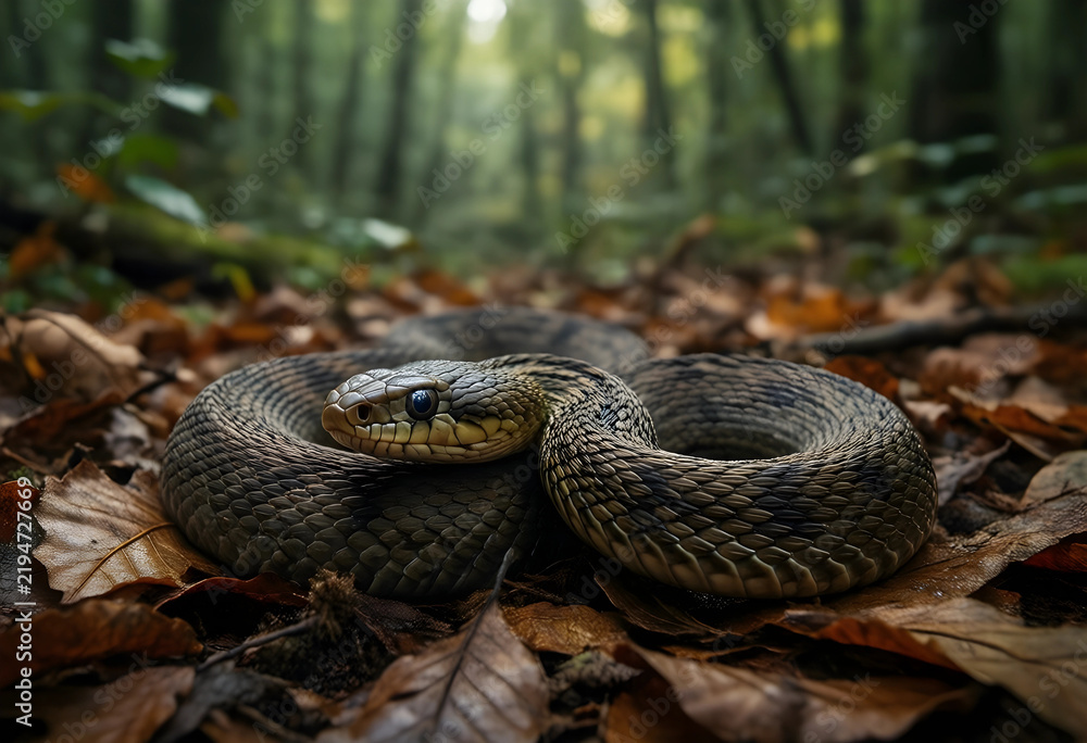 Fototapeta premium Wildlife conservation and biodiversity, wild snake coiled on forest floor with autumn leaves in natural habitat for environmental and nature photography