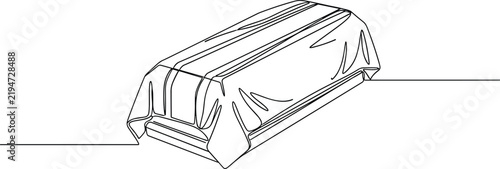 Minimalist single continuous line drawing of casket covered by draped cloth on flat surface black white graphic