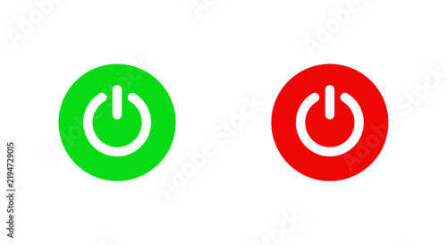 Power button icon set. Green and red on and off symbols for devices, electricity, startup, shutdown and digital controls.