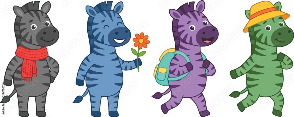 Fototapeta premium A collection of four colorful cartoon zebras with various accessories and poses.