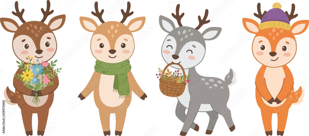 Obraz premium A set of four cute cartoon deer characters with various accessories.