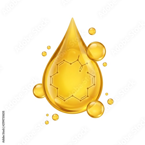 Golden oil drop with chemical structure isolated on white background