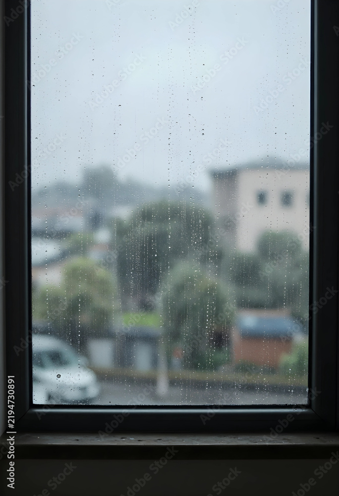 Obraz premium Loneliness and melancholy, rainy day view through a window with water droplets and blurred urban landscape in a gloomy atmosphere of isolation and sadness