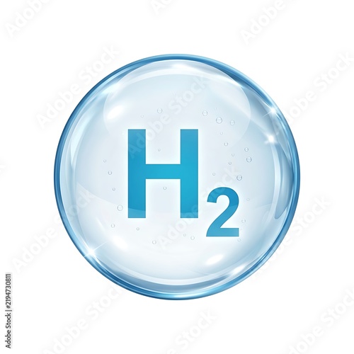 Blue Hydrogen Molecule Symbol Inside A Transparent Liquid Water Bubble Sphere