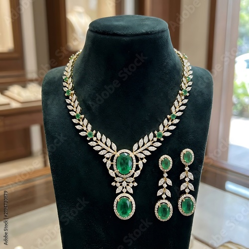 Elegant Emerald and Diamond Necklace Set Displayed on a Velvet Mannequin
