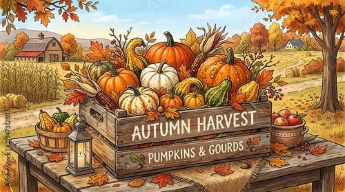 Autumn harvest pumpkins and gourds in a wooden crate illustration.