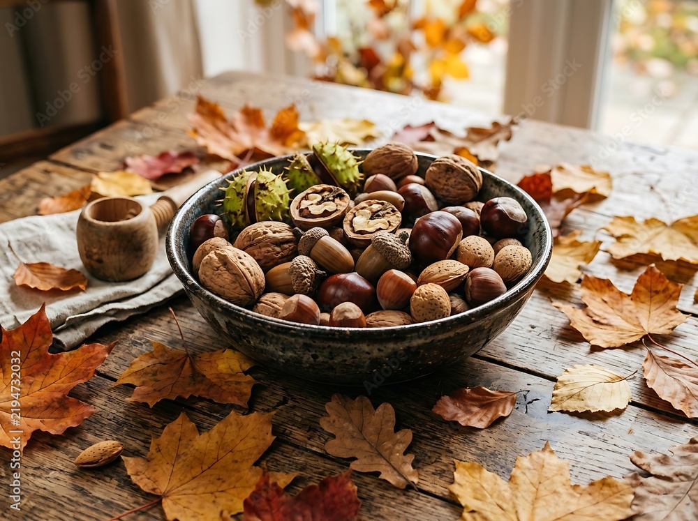 Obraz premium Bowl of autumn nuts and chestnuts on wooden table.