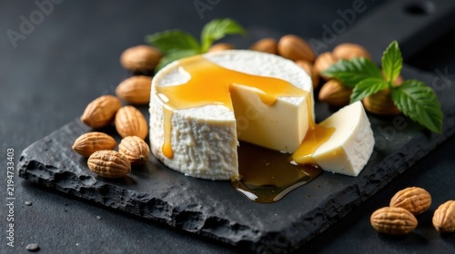 A delectable round cheese, drizzled with honey, rests on a dark slate serving board, accompanied by a selection of roasted almonds and fresh mint sprigs.