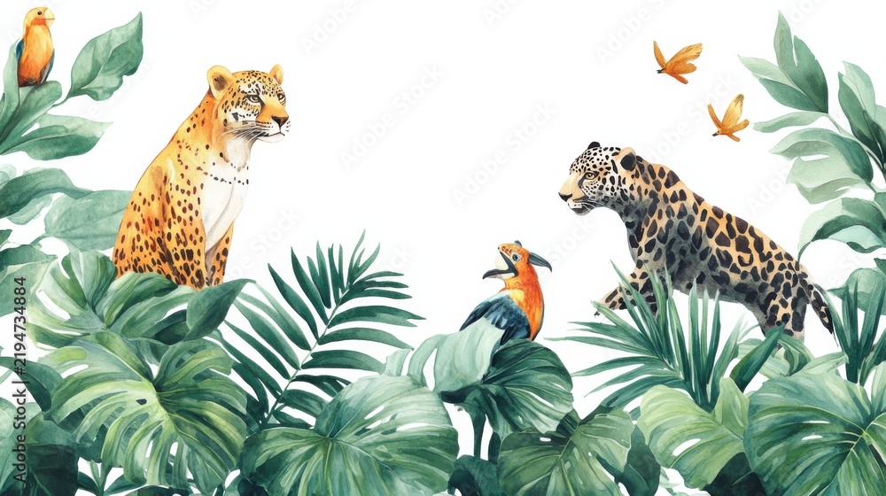Obraz premium animals in the jungle seamless pattern, watercolor illustration, white background