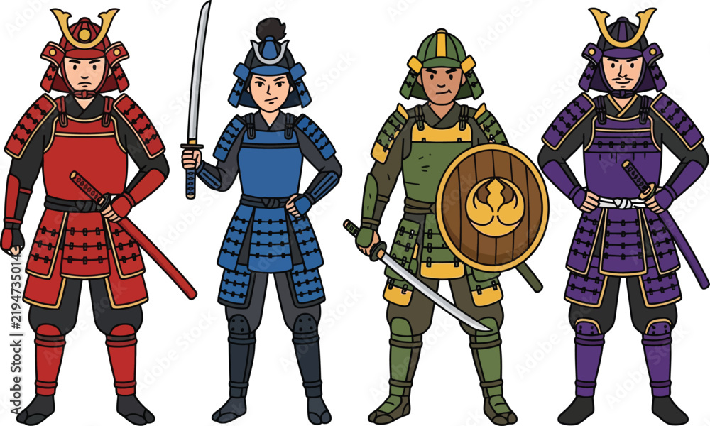 Obraz premium Four distinct samurai warriors standing in a row wearing colorful traditional Japanese armor.