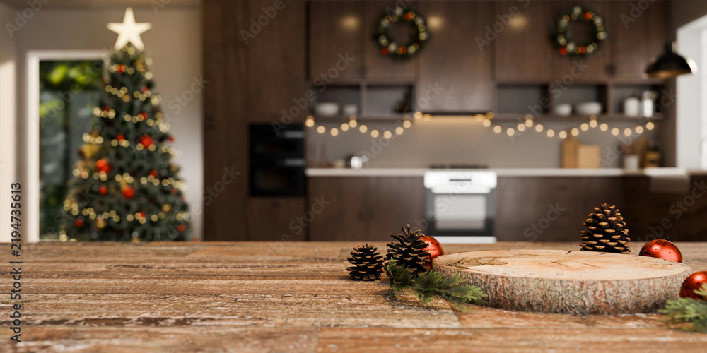 Obraz premium 3D Illustration of Christmas Decorated Kitchen with Pine Cones and Red Ornaments on Rustic Wooden Countertop