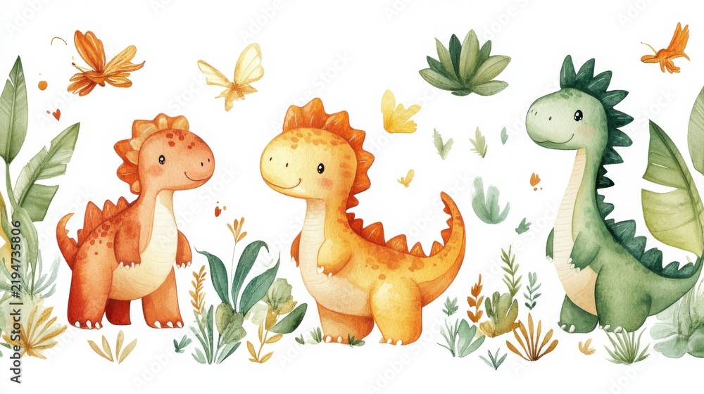 Obraz premium cartoon baby dinosaurs seamless pattern, watercolor illustration, white background