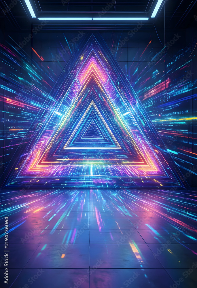 Fototapeta premium Cybersecurity and digital transformation, neon triangle portal with glowing data streams and futuristic light tunnel in a dark virtual reality space