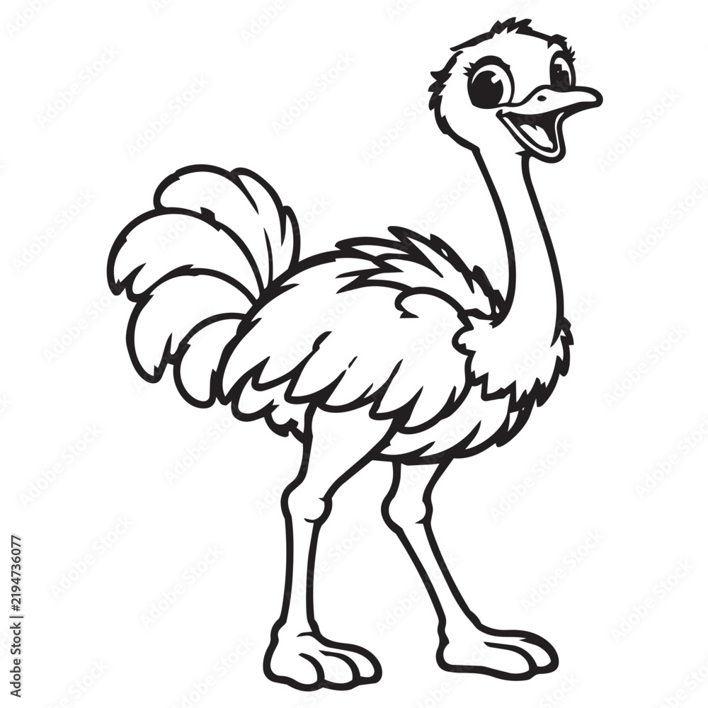 Fototapeta premium Happy cute ostrich cartoon animal illustration standing proudly for kids coloring book page activity with cheerful smile on white background