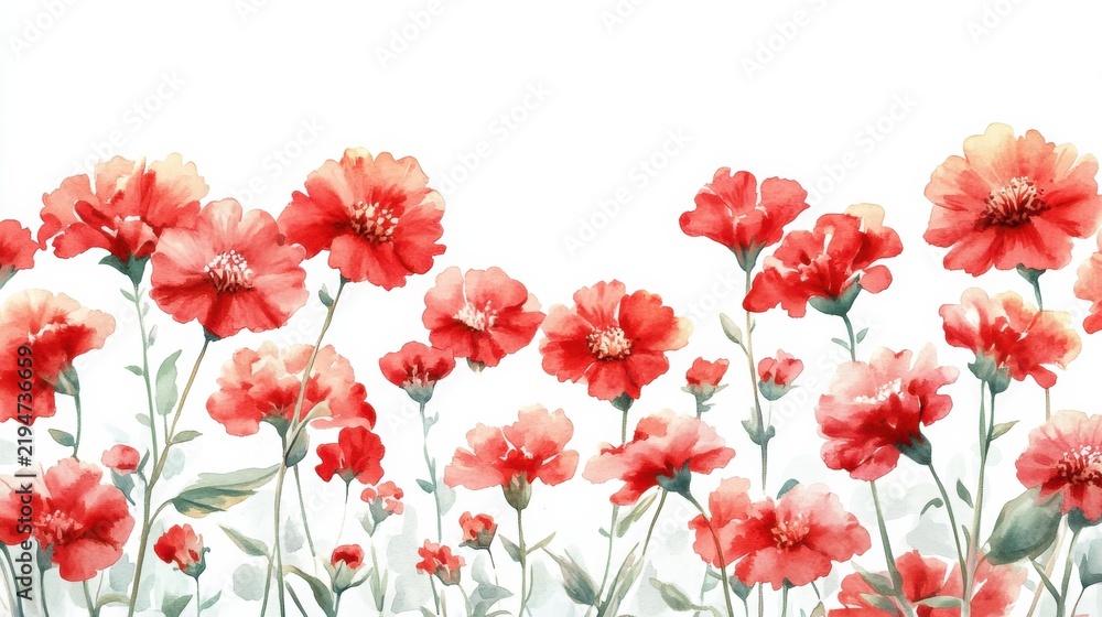 Fototapeta premium cute watercolor cockscomb flowers, bright red, white background