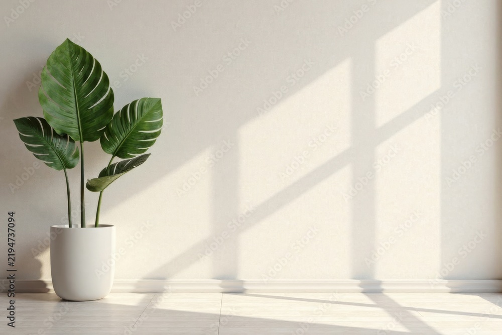 Fototapeta premium Serene Minimalist Interior Design Featuring a Lush Green Plant in a Simple White Pot Against a Blank Wall with Sunlight Streaming Through a Window