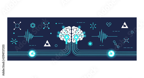 Artificial Intelligence and Neuroscience Concept with Digital Circuits and Molecular Icons