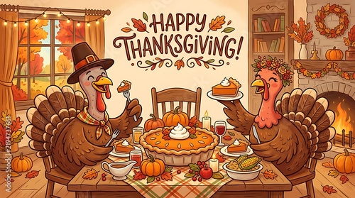 Cartoon turkeys enjoying thanksgiving pie feast in decorated dining room.