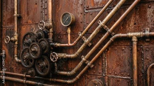 Rusty mechanical gears and pipes on industrial wall background