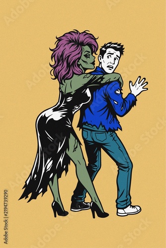 Fotografie A Halloween-themed illustration featuring a female zombie with a terrifying expr