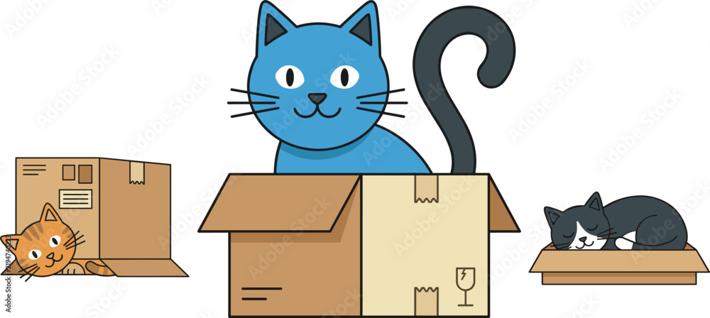 Fototapeta premium Cute Cartoon Cats in Cardboard Boxes Vector Set, Playful Blue Kitten and Sleeping Tuxedo Cat Graphic Elements
