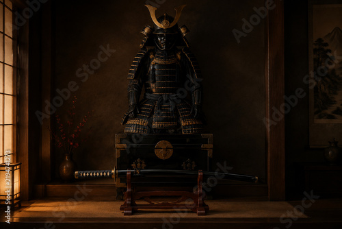 Bushido still life with samurai armor and katana in dark alcove