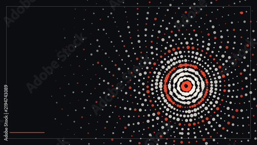 Abstract background, with circular pattern, of white and, red dots, radial, arrangement of small, circles on a, dark black background