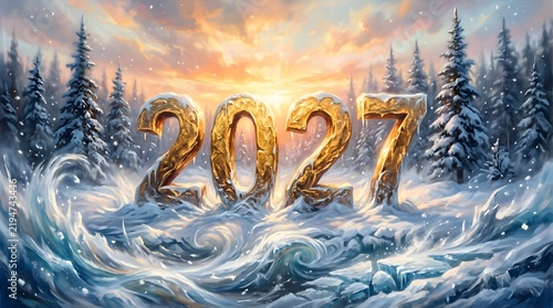 A beautiful golden new year 2027 celebration set within a stunning winter wonderland full of snow covered trees and landscapes