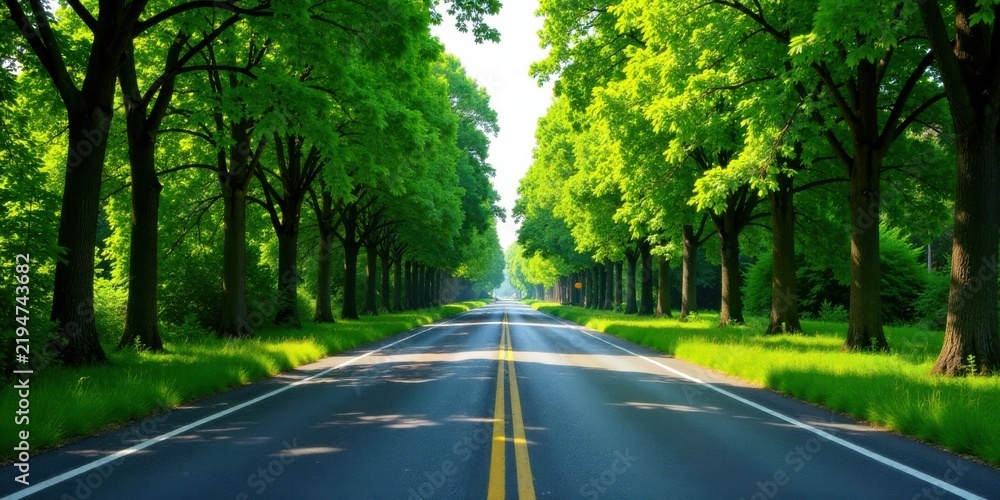 Obraz premium Serene asphalt road lined with vibrant green trees on a sunny day, creating a picturesque and tranquil landscape