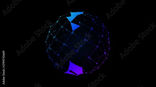 Abstract Digital Network Sphere with Glowing Polygon Connections on Dark Background