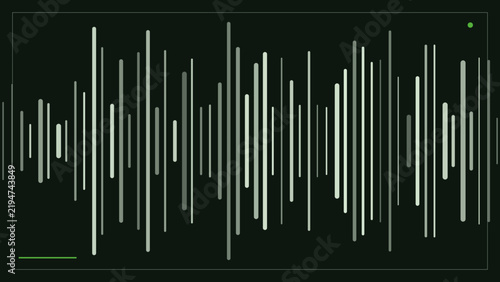 Dark green background, with vertical sound, wave lines of, varying heights, creating, a rhythmic audio, visualization for digital interfaces