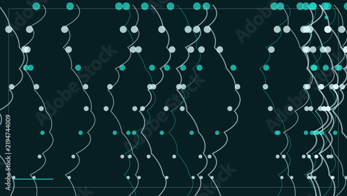Vertical wavy lines and teal circular dots arranged in a rhythmic pattern on a dark teal background, with a thin, rectangular frame border