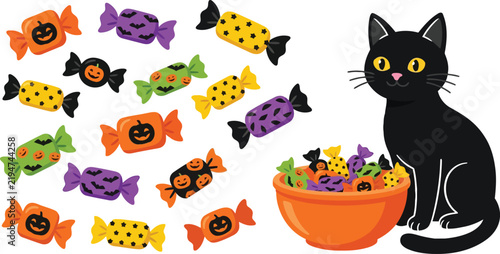 Cuadro en lienzo A cute black cat sitting next to an orange bowl filled with colorful halloween c