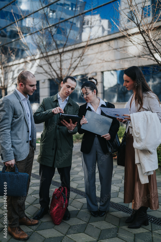 Fototapeta premium Four business colleagues review a tablet and printed documents while standing on a city sidewalk. A small outdoor meeting happens in front of a modern office building as they discuss work.