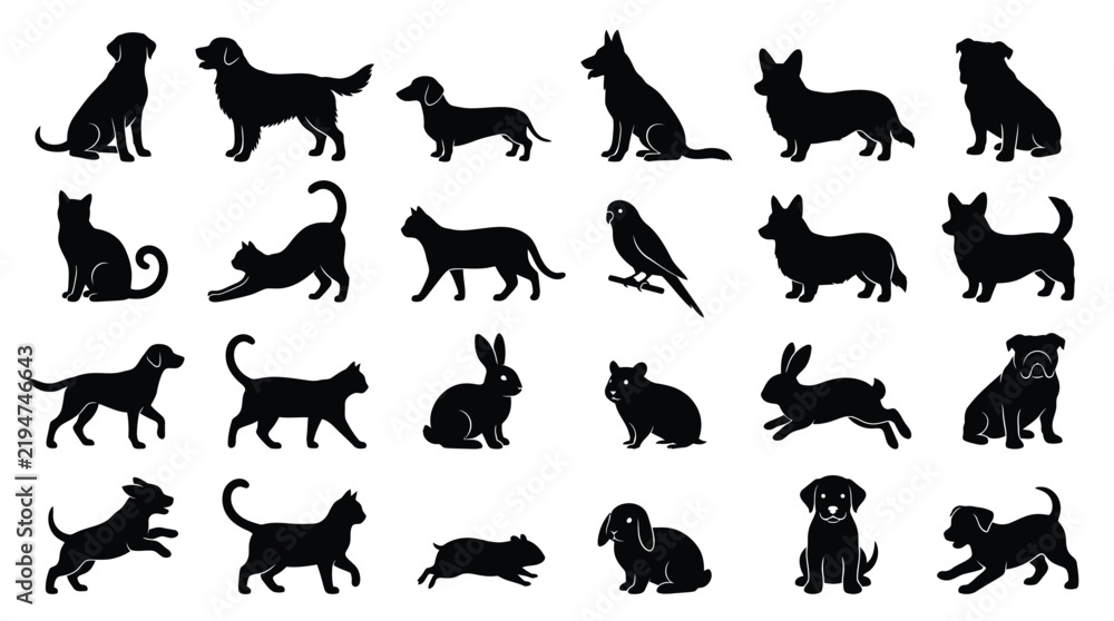 Fototapeta premium Collection of various animal silhouettes including dogs cats rabbits and birds