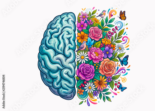 Illustration representing mental health, emotional balance, and neurodiversity, the harmony between logic and creativity, or the concept of positive neuroplasticity and mental health