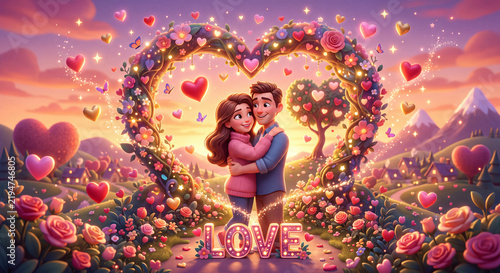 A couple embracing under a heart-shaped archway adorned with flowers and fairy lights, with the word LOVE written in the foreground. A couple in love embracing amidst a romantic setting 