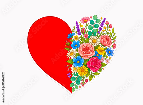 Floral Heart Concept Illustration. Creative blooming heart design for Valentine's Day. Half red heart, half flower bouquet. Growth and Romance vector graphic of a heart with flowers