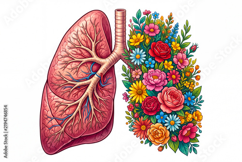 Conceptual illustration representing respiratory health, clean air, vitality, the deep connection between humans and nature, or the healing process. Healthy Respiratory System and Concept Art