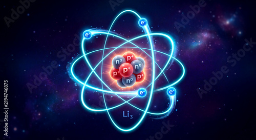 A stylized atomic model illustrating the structure of an atom with a central nucleus and electrons in orbit. A lithium (Li) atom—a stylized graphic representation of its subatomic structure