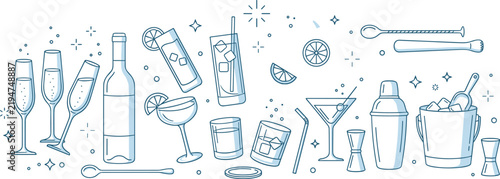 Quadro su tela Modern Barware and Cocktail Outline Icon Composition Featuring Alcohol Bottles C