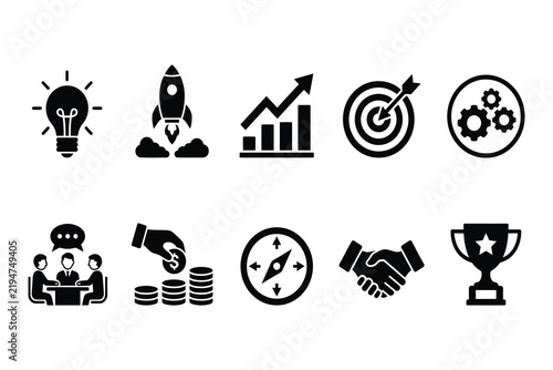 Business icon set with solid black glyph symbols for corporate interface design
