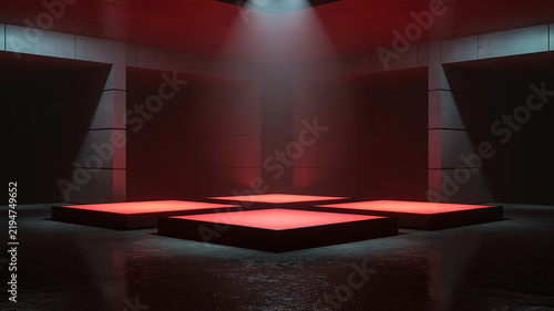 Four illuminated red platforms in a dark concrete room