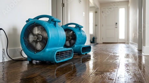 Professional Industrial Blue Air Movers and Blowers Drying Wet Hardwood Floor After Water Damage Flood in Home Hallway, Restoration Service Equipment for Moisture Removal and Surface Remediation