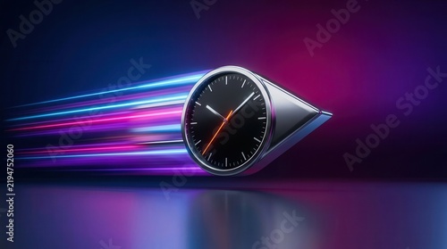 Modern clock face shaped as a forward pointing arrow with neon laser lights for rapid time movement.