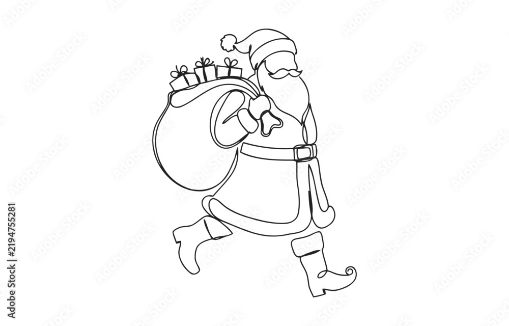 Fototapeta premium One continuous single drawing line art flat doodle Santa Claus turned back with a bag of gifts, new year, Christmas, holiday, children. Isolated image.